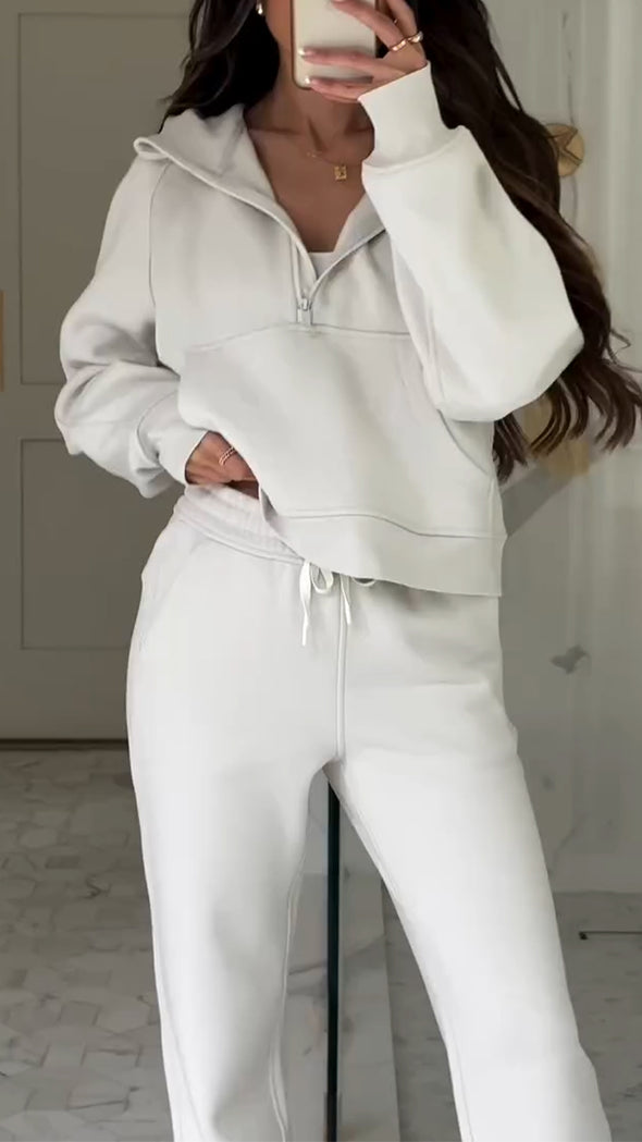 Womens Round Neck Hooded Half Zipper Top + Pants Casual Suit