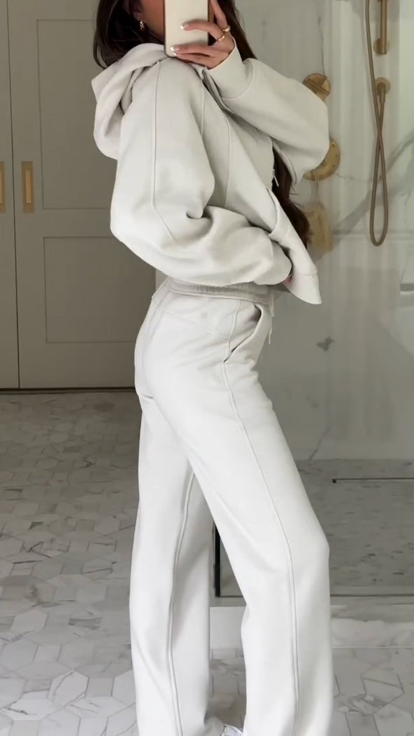 Womens Round Neck Hooded Half Zipper Top + Pants Casual Suit