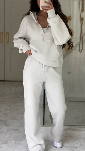 Womens Round Neck Hooded Half Zipper Top + Pants Casual Suit