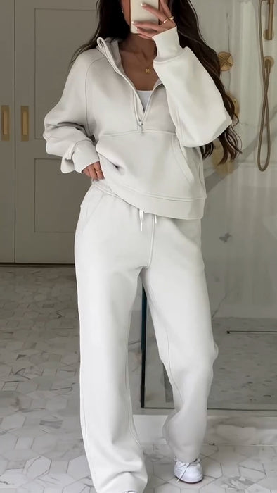 Womens Round Neck Hooded Half Zipper Top + Pants Casual Suit
