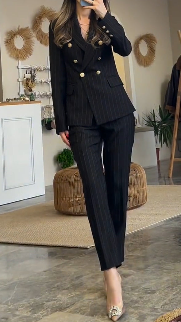 Women Lapel Double-breasted Jacket + Pants Temperament Commuting Suit
