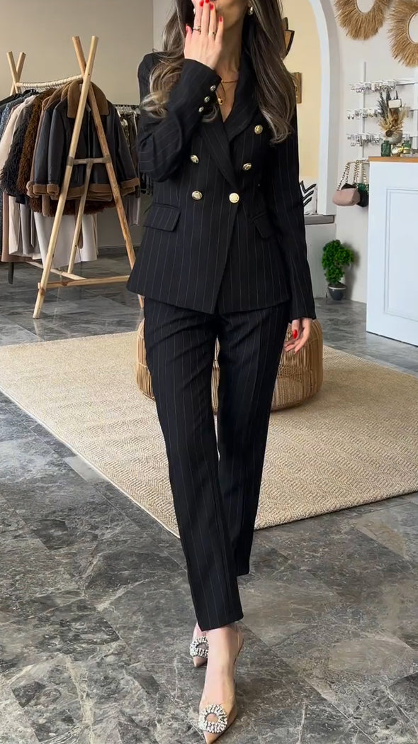 Women Lapel Double-breasted Jacket + Pants Temperament Commuting Suit