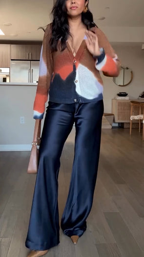 Women V-neck Contrasting Color Knitted Cardigan + Pants Casual Suit