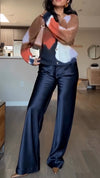 Women V-neck Contrasting Color Knitted Cardigan + Pants Casual Suit