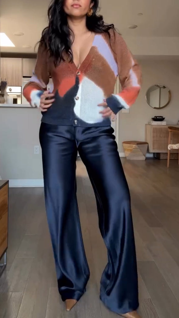 Women V-neck Contrasting Color Knitted Cardigan + Pants Casual Suit