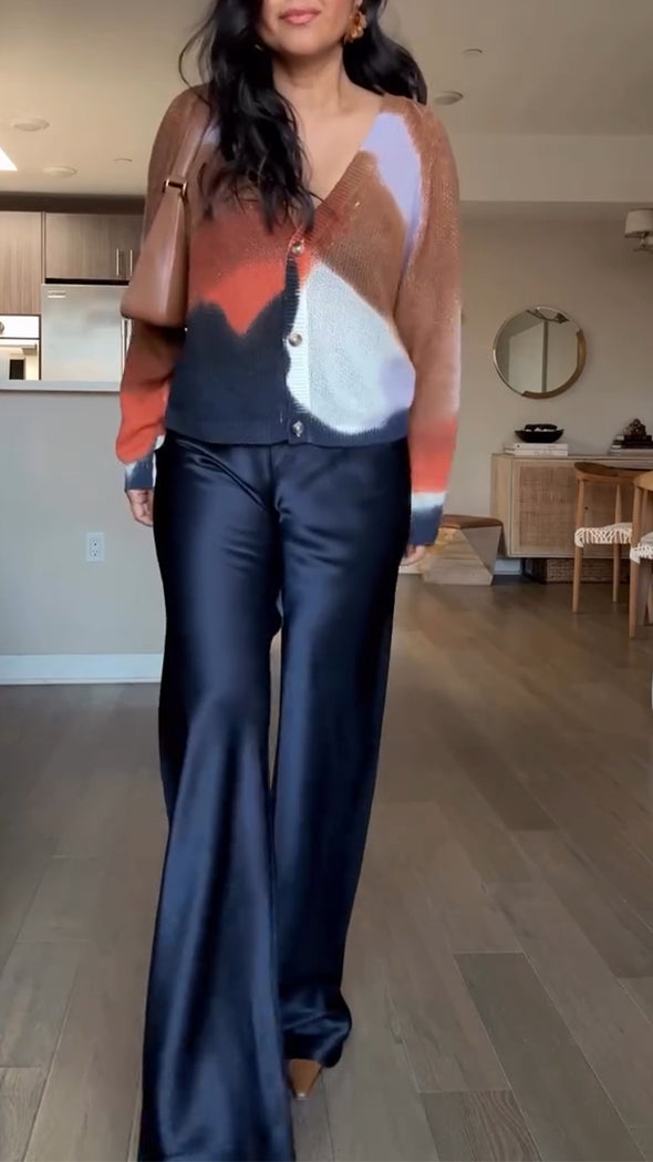Women V-neck Contrasting Color Knitted Cardigan + Pants Casual Suit