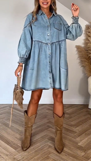 Womens Lapel Splicing Wash Water Casual Denim Dress