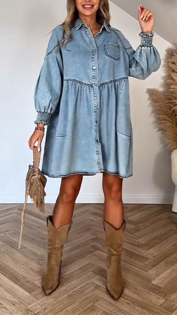 Womens Lapel Splicing Wash Water Casual Denim Dress