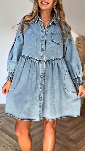 Womens Lapel Splicing Wash Water Casual Denim Dress