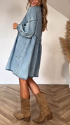 Womens Lapel Splicing Wash Water Casual Denim Dress
