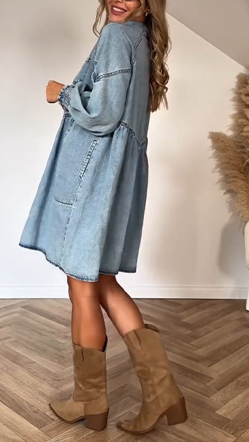 Womens Lapel Splicing Wash Water Casual Denim Dress