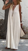 Women Round Neck Hollow Solid Color Loose Casual Dress