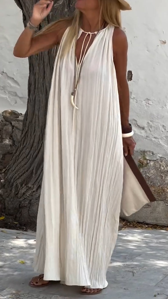 Women Round Neck Hollow Solid Color Loose Casual Dress
