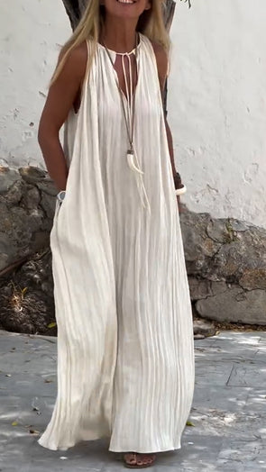 Women Round Neck Hollow Solid Color Loose Casual Dress