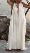 Women Round Neck Hollow Solid Color Loose Casual Dress