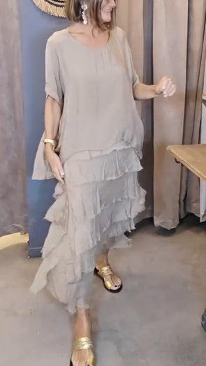 Women Round Neck Top + Multi-layer Skirt Casual Suit