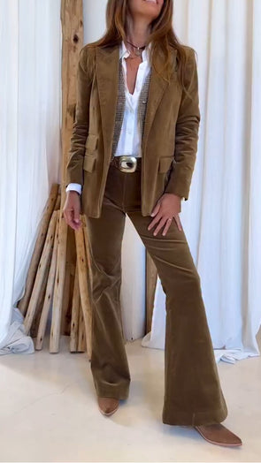 Women Lapel Jacket + Pants Solid Color Temperament Commuter Set