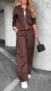 Ladies Round Neck Zipper Jacket+ Pants Casual Set