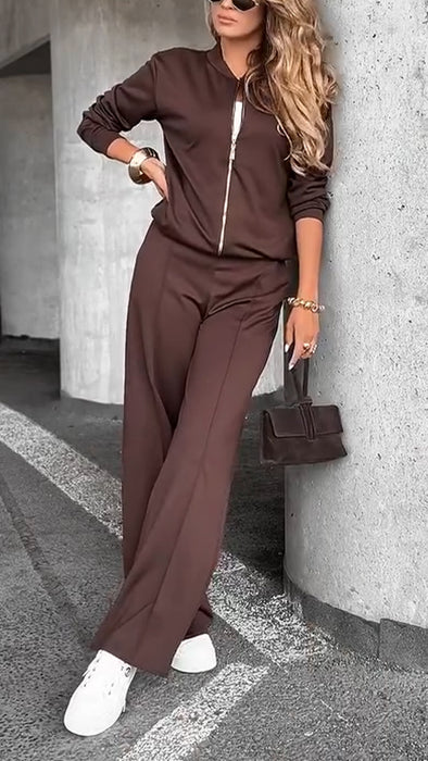 Ladies Round Neck Zipper Jacket+ Pants Casual Set