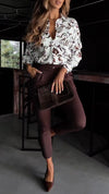 Ladies Collar Printed Top and Pants Casual Set