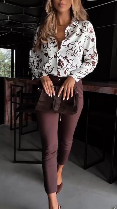 Ladies Collar Printed Top and Pants Casual Set