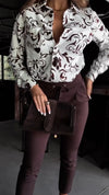 Ladies Collar Printed Top and Pants Casual Set