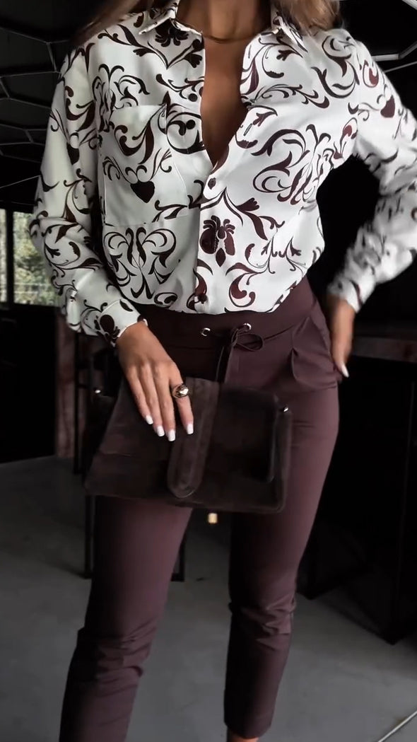 Ladies Collar Printed Top and Pants Casual Set