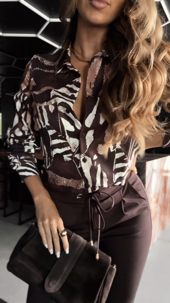 Ladies Collar Printed Top and Pants Casual Set