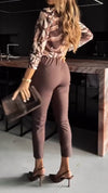Ladies Collar Printed Top and Pants Casual Set