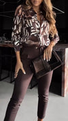 Ladies Collar Printed Top and Pants Casual Set
