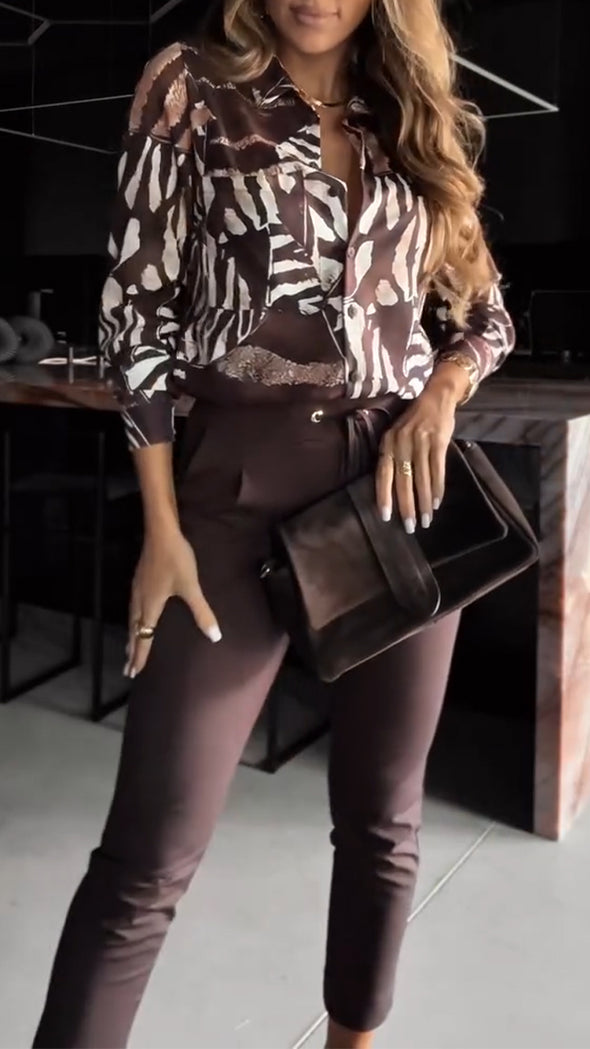 Ladies Collar Printed Top and Pants Casual Set