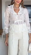 Women V-neck Pleated Drawstring Casual Top