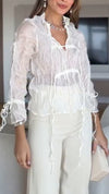 Women V-neck Pleated Drawstring Casual Top