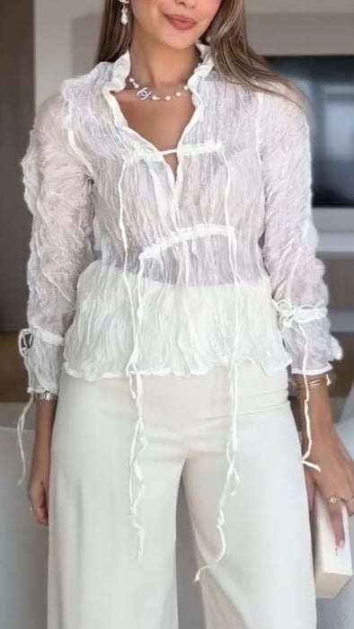 Women V-neck Pleated Drawstring Casual Top