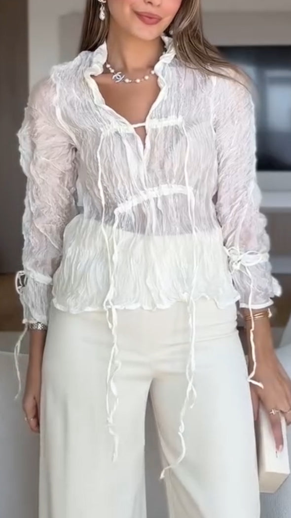 Women V-neck Pleated Drawstring Casual Top