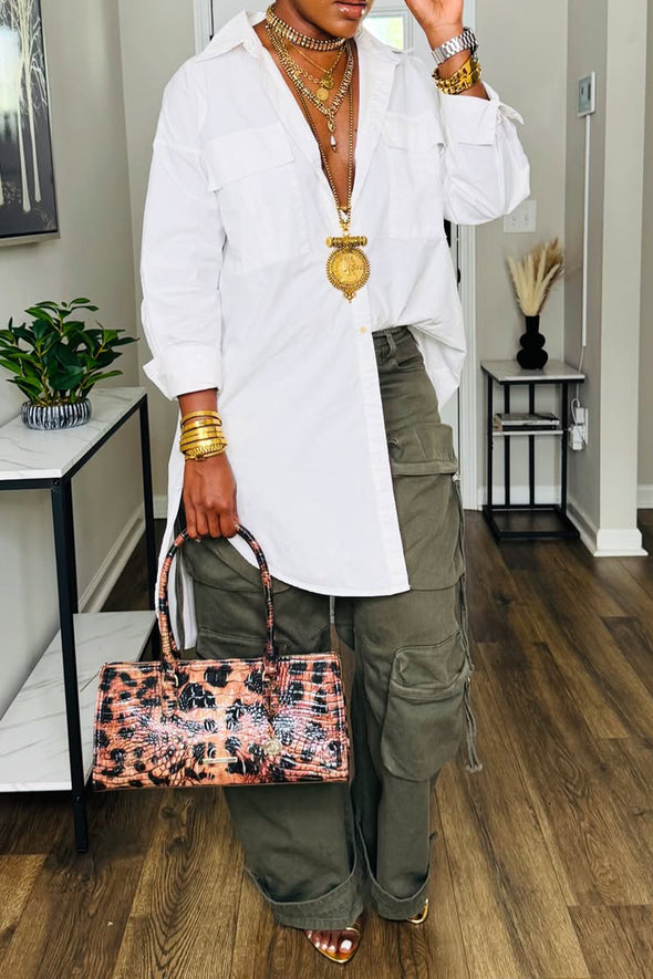 Women Lapel Long Shirt + Work Pants Casual Suit