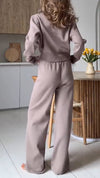Womens Lapel Zipper Top + Pants Solid Color Casual Set