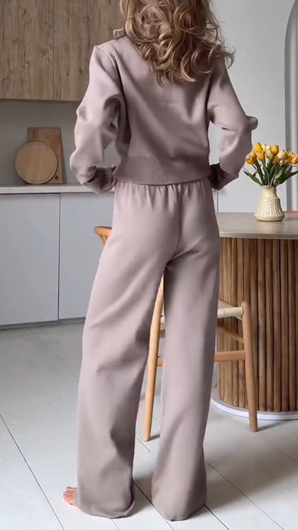 Womens Lapel Zipper Top + Pants Solid Color Casual Set