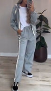 Women Lapel Zipper Jacket + Vertical Pants Casual Suit