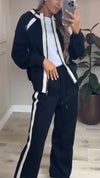 Women Lapel Zipper Jacket + Vertical Pants Casual Suit