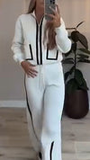 Women Lapel Zipper Jacket + Vertical Pants Casual Suit