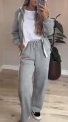 Women Lapel Zipper Jacket + Vertical Pants Casual Suit