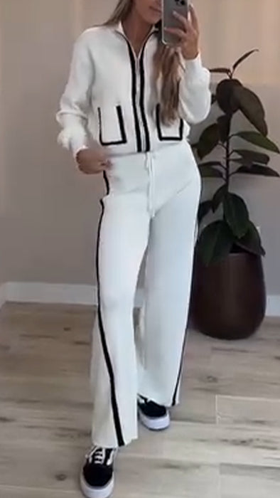 Women Lapel Zipper Jacket + Vertical Pants Casual Suit