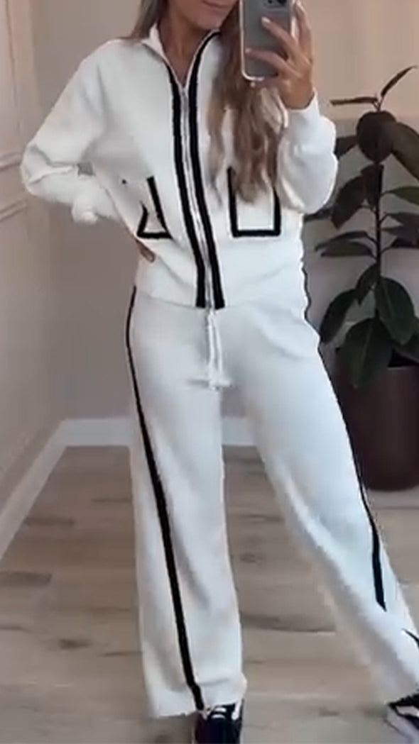 Women Lapel Zipper Jacket + Vertical Pants Casual Suit