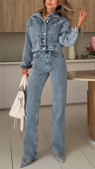 Womens Lapel Jacket + Pants Casual Denim Set