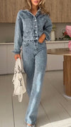 Womens Lapel Jacket + Pants Casual Denim Set
