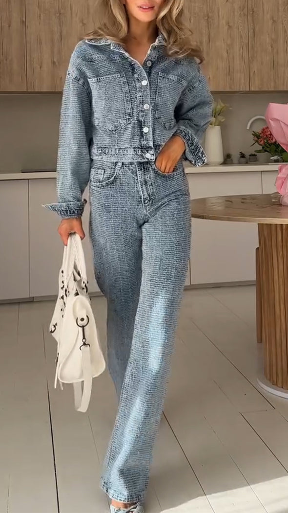 Womens Lapel Jacket + Pants Casual Denim Set
