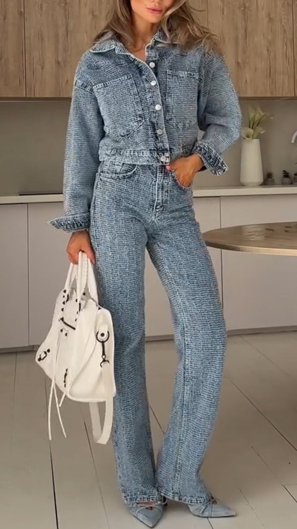 Womens Lapel Jacket + Pants Casual Denim Set