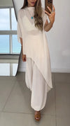 Womens Round Neck Irregular Top + Pants Solid Color Loose Casual Suit