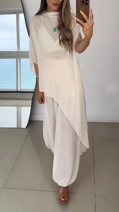 Womens Round Neck Irregular Top + Pants Solid Color Loose Casual Suit